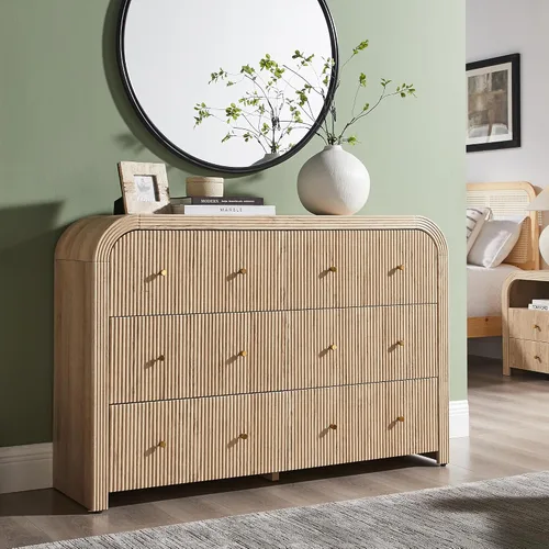 Miniatura 9 de T4TREAM Cómoda acanalada con 3 cajones, cómoda moderna de 32 pulgadas de alto con diseño de perfil curvado grueso, organizador de almacenamiento