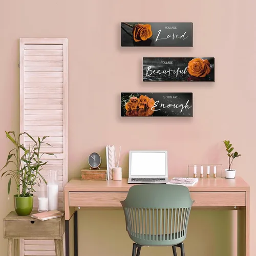 Miniatura 2 de ZINYAZHE 3 piezas de decoración de pared naranja inspiradoras rosas naranjas decoración de baño, arte de pared de madera, citas positivas You Are