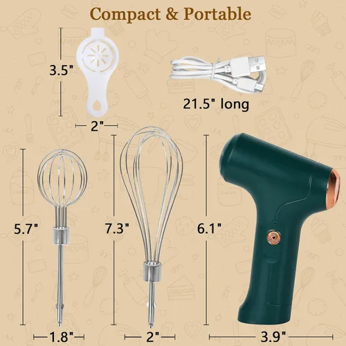 Miniatura 6 de Batidora de mano inalámbrica, batidor eléctrico de mano con 3 modos de velocidad, batidor de huevos de mano con 2 batidores desmontables (verde)