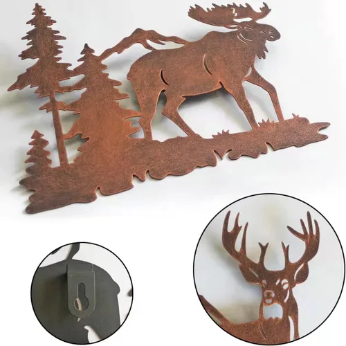Miniatura 6 de Limygus Arte de pared de metal, decoración de pared de pino y ciervo, decoración de bosque colgante, arte de metal antiguo, decoración de pared