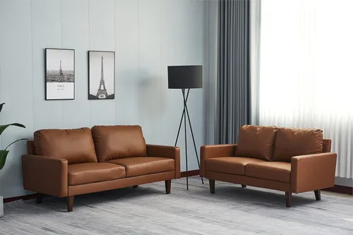 Miniatura 7 de INSTORY Sofá de dos plazas de cuero cómodo sofá moderno con patas de madera para sala de estar, oficina - marrón