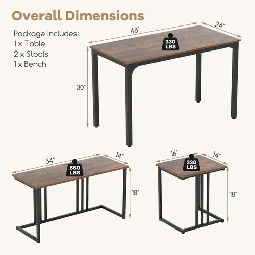 Miniatura 6 de GOFLAME Juego de mesa de comedor de 4 piezas para 4, mesa de comedor rectangular de madera con banco y 2 taburetes, juego de mesa de cocina