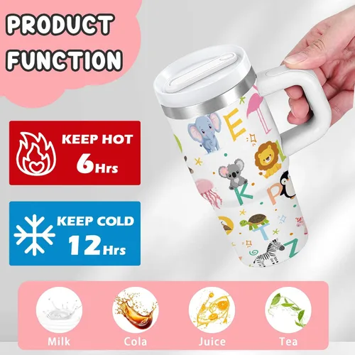 Miniatura 4 de Vaso de 405 ml para niños con alfabeto de animales con asa, popote y tapa, vaso aislado de acero inoxidable, cosas con letras del abecedario
