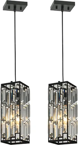 Luces colgantes de cristal para isla de cocina, iluminación colgante luz colgante moderna, lámpara colgante ajustable para cocina (negro, cuadrado-2