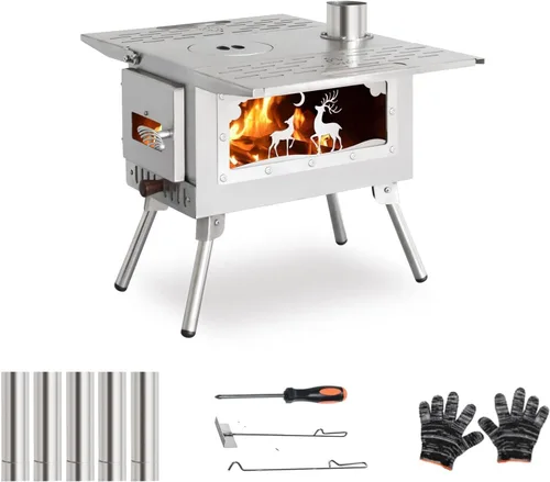 Estufa para Tienda de Campaña al Aire Libre Estufa de Camping Portátil Estufa de Acero Inoxidable con Tubo de Chimenea para Cocinar al Aire Libre
