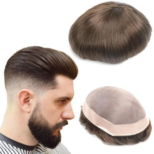 Miniatura 14 de Toupee - Sistema de reemplazo de cabello para hombres, cabello humano real, 5 x 7 pulgadas, base de encaje mono, extensión duradera para hombre
