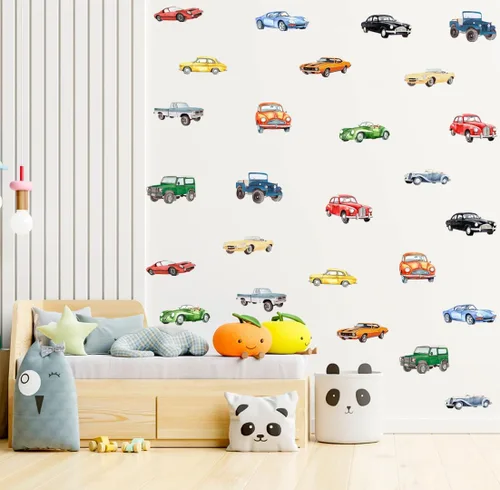 Miniatura 5 de Pegatinas de Pared de Coche Clásico de Acuarela, Calcomanías de Pared de Vinilo de Coche de Carreras Retro Vehículo Todoterreno, Arte de Pared
