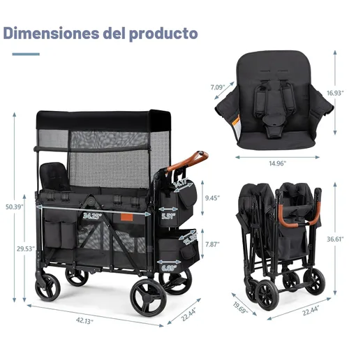 Miniatura 8 de ZTDM - Cochecito estilo carrito para 2 niños, asiento alto y arnés de 5 puntos, carrito todoterreno plegable para niño pequeño con toldo