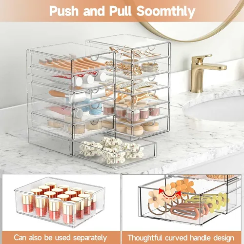 Miniatura 7 de Organizador de almacenamiento para cajones de maquillaje con 24 cajones, set de 4 organizadores acrílicos para escritorio de oficina