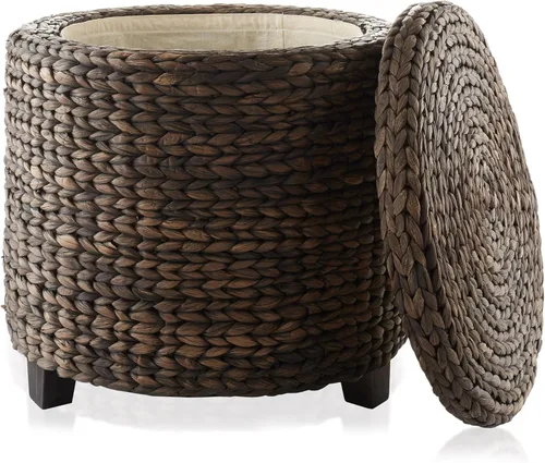 Miniatura 9 de Casafield Otomana redonda de almacenamiento de 17 pulgadas con tapa, natural, taburete de jacinto de agua tejido a mano para sala de estar