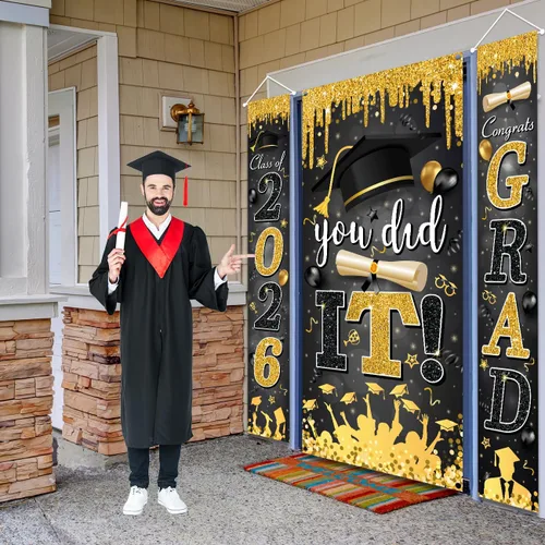 Miniatura 6 de Decoraciones de graduación negras y doradas para la clase de 2026 con texto en inglés "Congrats Grad and You Did It" para suministros de fiesta