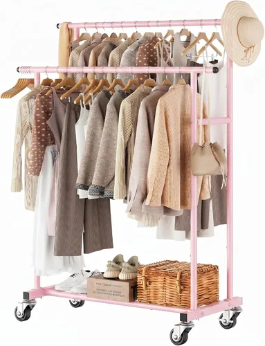 Miniatura 11 de Calmootey Perchero de ropa de doble varilla, organizador portátil para colgar ropa, organizador de ropa rodante para dormitorio, sala de estar, Negro