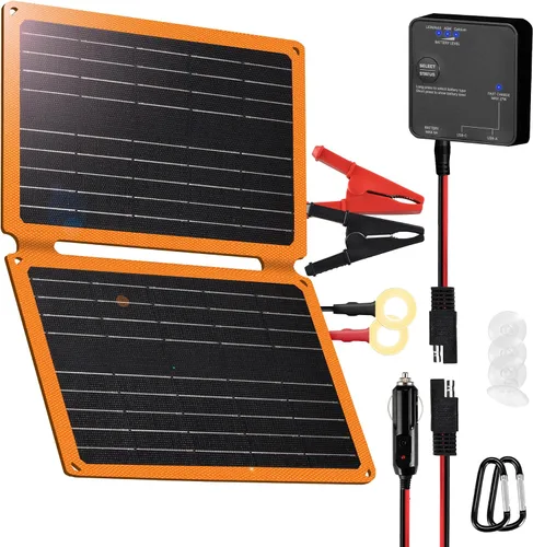 Miniatura 10 de FieryRed Cargador y mantenedor de batería de coche con panel solar de 10 W y 12 V, cargador de goteo impermeable con controlador integrado, enchufe