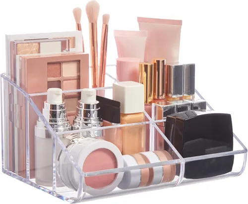 STORi Organizador de Maquillaje de Plástico Transparente para Tocador | Soporte de 6 Compartimentos para Pinceles, Paletas de Sombras de Ojos y