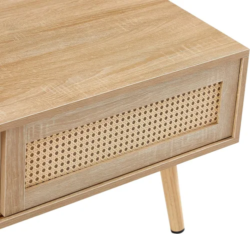 Miniatura 5 de Mesa de centro de ratán con armario de almacenamiento y estante abierto, mesa central de madera con puerta corredera de ratán, muebles modernos