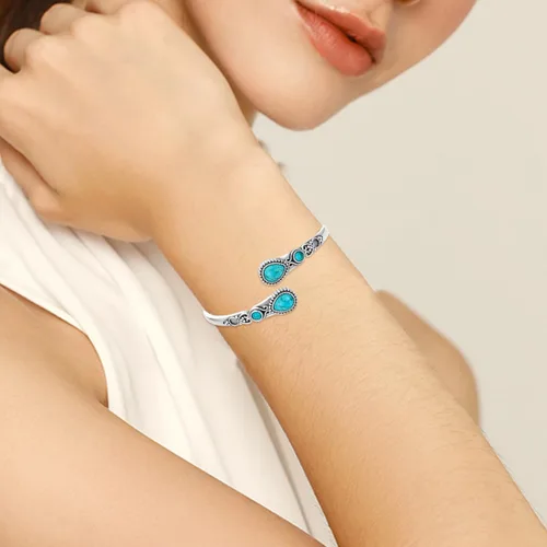 Miniatura 6 de Pulsera de turquesa para mujer, plata de ley 925, turquesa auténtica, pulsera abierta, ajustable, apilable, vintage, piedra natural, regalos