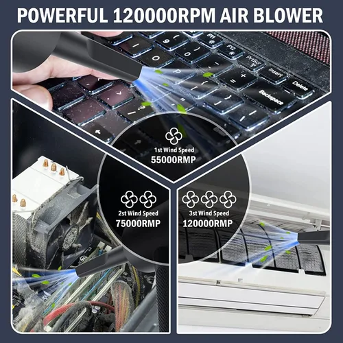 Miniatura 2 de Yomile - Plumero de aire comprimido, 2 en 1, 120000 RPM inalámbrico con batería de 7600 mAh soplador de polvo para limpiador de teclado, soplador
