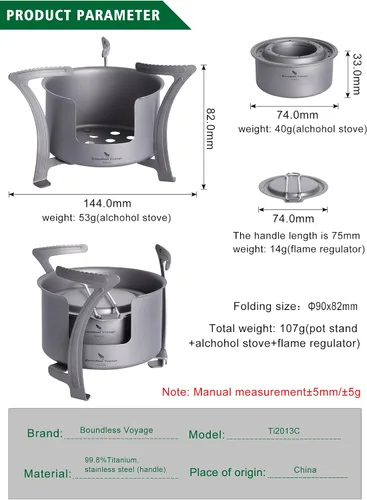 Miniatura 3 de Boundless Voyage Estufa de alcohol de titanio con cubierta contra incendios, estufa de leña al aire libre con soportes, para camping, Juego