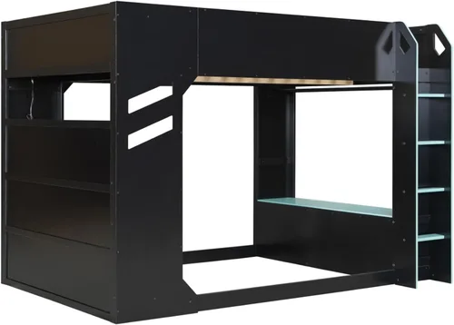 Miniatura 5 de Cama tipo loft de tamaño matrimonial con escritorio ajustable en altura y litera superior y caja de almacenamiento LED, marco de madera con barra