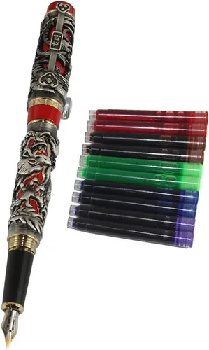 Gullor Pluma estilográfica Noblest Dragon and Phoenix con estuche de piel sintética y cartucho de tinta de 5 colores - Plata antigua y rojo