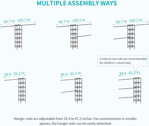 Miniatura 7 de Ulif M1 Sistema Organizador de Almacenamiento para Closet, Perchero de Ropa de Metal Resistente de 6 Niveles con 3 Varillas Extensibles para Colgar