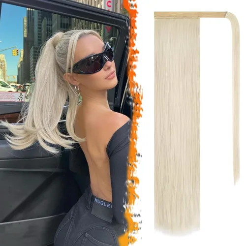 Miniatura 82 de BARSDAR Extensión de cola de caballo de 28 pulgadas largo recto envoltura alrededor del clip en pelo de fibra sintética para mujeres, negro
