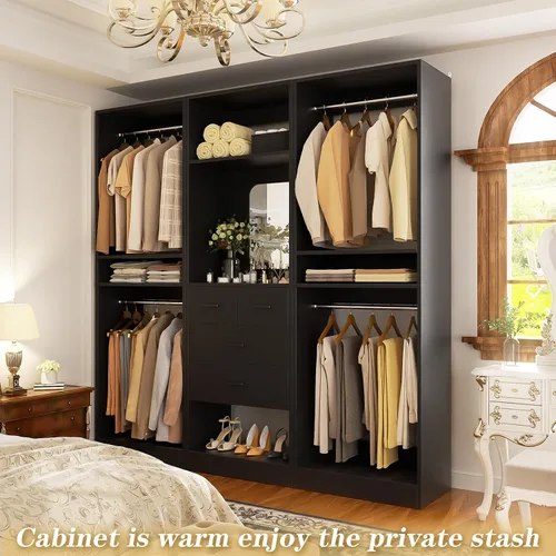 Miniatura 5 de Unikito Sistema de Armario Walk-in de 75 Pulgadas con 4 Cajones, Organizador de Armario de 6.3 Pies con Barras Colgantes y Diseño de Espejo, Armario