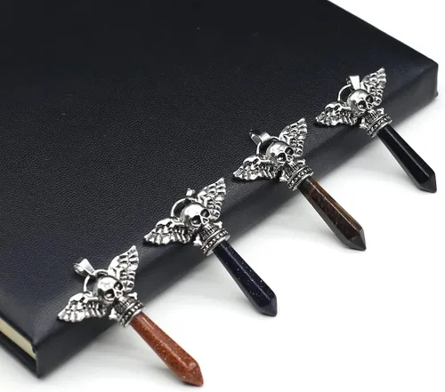 Miniatura 4 de LHJ 7 colgantes de piedra natural hexagonales puntiagudos chakras cristal ágata piedra cráneo ala diablo aleación diseño para hacer joyas collar