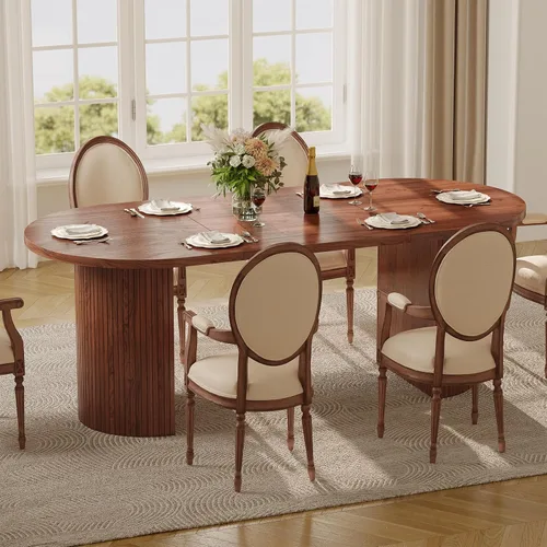 Miniatura 8 de ONBRILL Mesa de comedor de 70.8 pulgadas para 4-6, mesa de comedor ovalada con base de tira de madera acanalada curvada, mesas de cocina modernas