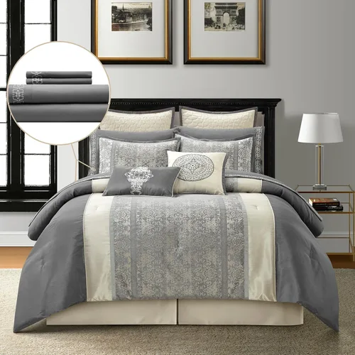 Miniatura 6 de Grand Avenue Juego de edredón tamaño King negro/azul, 6 piezas, juegos de ropa de cama jacquard y colecciones