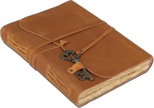 Miniatura 15 de Diario de cuero con papel de borde picoteado de 17,78x12,7 cm y llave vintage Cuaderno de escritura hecho a mano Cuaderno diario encuadernado