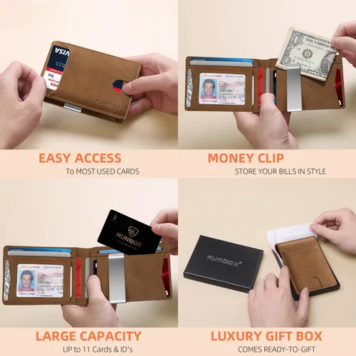 Miniatura 88 de RUNBOX - Carteras delgadas para hombre, cartera de piel con pinza para el dinero, cartera de bolsillo frontal con bloqueo RFID, tarjetero