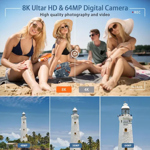 Miniatura 2 de Cámaras digitales 8K para fotografía, cámara WiFi de 64 MP para YouTube, cámara digital con pantalla táctil de 4 pulgadas con lente dual, enfoque