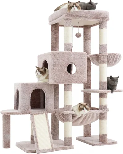 Miniatura 13 de Hey-brother Torre de árbol para gatos, postes rascadores con 3 condominios, canasta grande, cama acogedora, tabla de sisal, camino de escalada paso