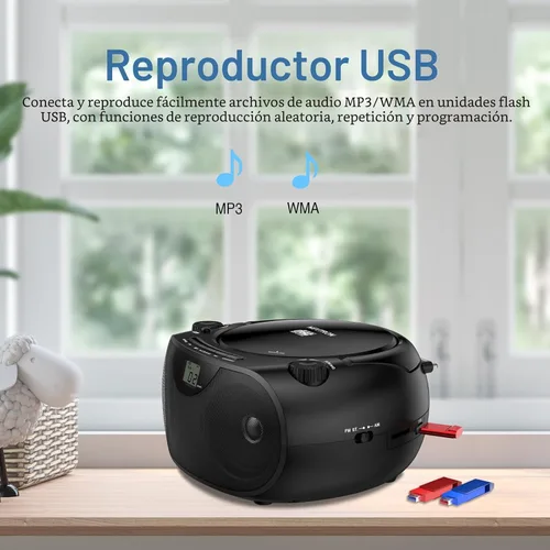 Miniatura 7 de Nextron Boombox de CD portátil con Bluetooth, USB, radio y refuerzo de graves - negro