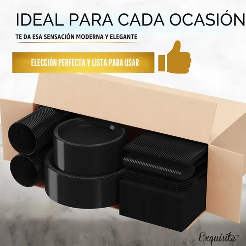 Miniatura 3 de 350 piezas de platos de plástico negro para fiestas, juego de platos desechables negros, 50 de cada juego de platos para cena de 9 pulgadas, platos