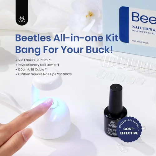 Miniatura 2 de Kit de puntas de uñas en gel Beetles cuadrado 500 piezas, puntas de uña cuadradas extra cortas preformadas con pegamento en gel multiusos 5 en 1