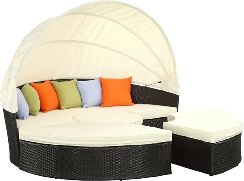 LexMod sillón circular de mimbre para patio con dosel, marrón café., Moderno, Espresso Blanco