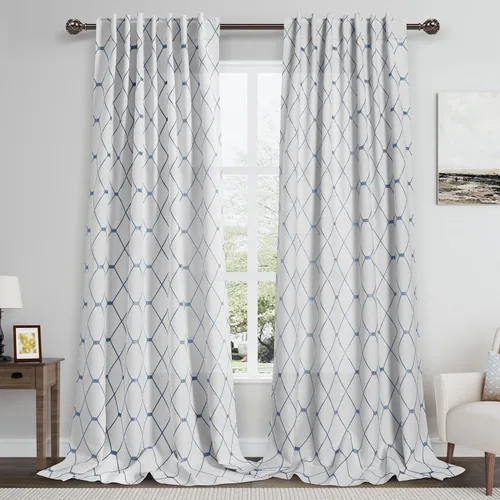 Miniatura 8 de Cortinas oscurecedoras de habitación con patrón geométrico negro de 80 pulgadas de largo para sala de estar, juego de 2 paneles, decoración clásica