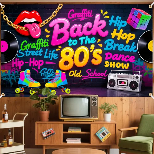 Miniatura 3 de Fondo de Back to The 80 de 6 x 4 pies con cinta de 19.69 pies Cartel temático retro de los años 80 con ojales y doble costura para decoraciones