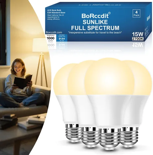 Miniatura 7 de BoRccidt SunLike - Bombilla de luz de espectro completo de 2700 K, LED cálido de 15 W = 100 W, sin parpadeo y sin rayos UV, 90+CRI y 30000 H de vida