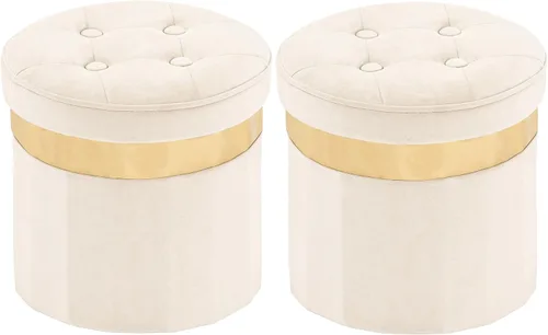 Miniatura 8 de Xuperbonus Otomana Pequeña con Almacenamiento, Otomana Redonda Plegable con Borde Dorado, Taburete de Almacenamiento de Terciopelo, Taburete