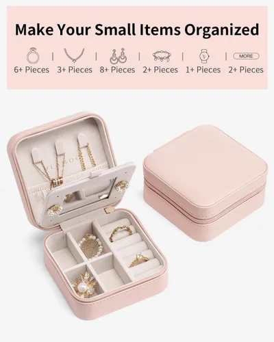 Miniatura 7 de Vlando Joyero de viaje, estuche organizador de viaje pequeño para niñas y mujeres, espejo rosa, paquete de 6