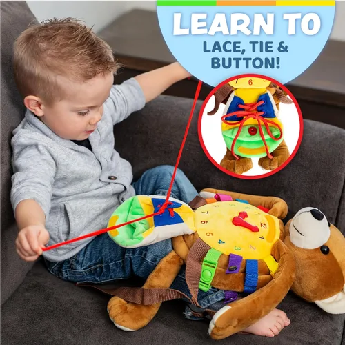 Miniatura 6 de Buckle Toys Billy Bear - Mochila Montessori para niños pequeños con hebillas y actividades de aprendizaje, animal de peluche para habilidades