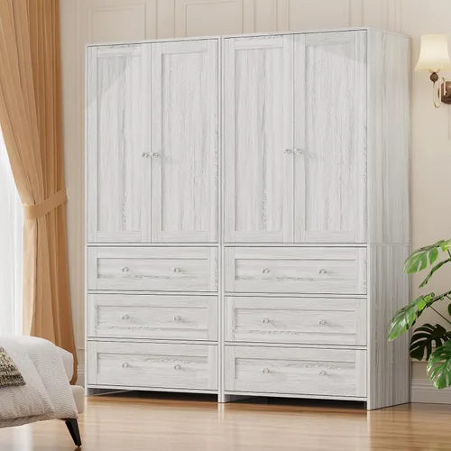 Miniatura 15 de VOWNER Armario Clóset con Cajones y Espejo, Gabinete de Almacenamiento de Ropa de 71" con Barra Colgante, Armario de Dos Puertas de Madera