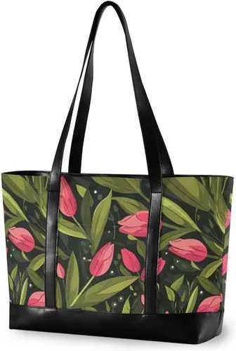 Pink Tulipa Green Leaves Flat Illustration Style Large Capacity bag with laptop compartment with zipper laptop travel bag for ladies with college