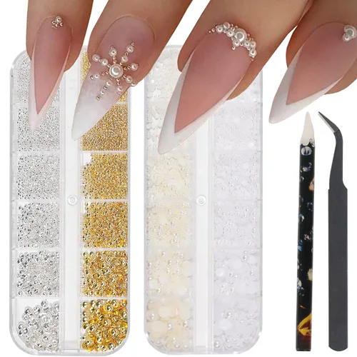 Miniatura 13 de Dijes 3D para arte de uñas, oro rosa, cuentas de micro caviar, diamantes de imitación para uñas acrílicas, tamaño mixto, diamantes de imitación AB