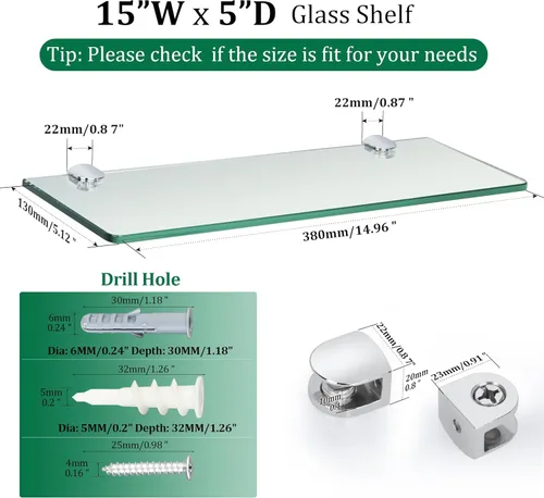 Miniatura 2 de SAYAYO Estantes flotantes de vidrio para baño, estante de vidrio templado cromado de 15 x 5 pulgadas para pared, 1 paquete, transparente