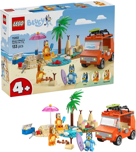 LEGO Bluey: Viaje en Auto Familiar y Playa de Bluey - Juguete de Construcción Educativo para Niños de 4+ Años - Incluye Minifiguras de Bluey, Bingo