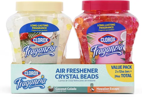 Clorox Fraganzia Perlas de Cristal Ambientador Paquete Doble, Aromas Coco Colada y Escape Hawaiano - Perlas de Gel Eliminador de Olores de Larga